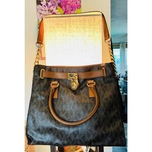 Vtg Michael Kors Hamilton Signature Logo Legacy Coated Leather Handles Satchel